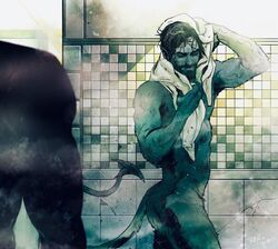 2boys 3_fingers ass beard big_ass black_hair blue_skin body_hair bubble_butt dark_hair demon_tail facial_hair hairy kurt_wagner male male_only marvel marvel_comics muscular mutant naughty_face nick_robles nightcrawler pointy_ears shower silhouette smile suggestive towel unknown_character x-men yaoi