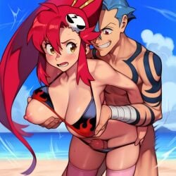 1boy 1girls 2d ai_generated beach behind_another big_breasts bikini bikini_aside bikini_top blush breast_grab breast_squeeze breasts breasts_out embarrassed erection exposed_breasts female grin groping groping_breasts human kamina large_breasts light-skinned_female light-skinned_male long_hair looking_at_another male motion_lines nipples novelai outdoors outside panty_pull penis red_hair self_upload somethingweird straight tagme tengen_toppa_gurren_lagann thigh_sex thighhighs yoko_littner