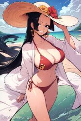 1girls ai_generated bare_arms bare_legs bare_shoulders bare_thighs beach big_breasts bikini bikini_bottom bikini_top black_hair blue_eyes boa_hancock clothed clothing color female female_focus female_only hat hi_res large_breasts light-skinned_female light_skin long_hair one_piece sand sea senotakai_ai shounen_jump solo solo_female tagme thick_thighs water