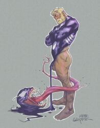 2boys adamgraphite balls beard bulge crossed_arms eddie_brock facial_hair flaccid male male_only marvel marvel_comics mature mature_male penis spider-man_(series) venom_(marvel) yaoi