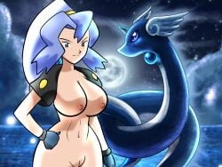 1girls ahoge background big_breasts blue_eyes blue_hair breasts clair_(pokemon) deruuyo dragonair edit edited female female_focus functionally_nude functionally_nude_female gloves gym_leader hi_res lewdwigvondrake moon navel night nipples nude nude_female pokemon pokemon_gsc ponytail pussy sky solo_female uncensored water