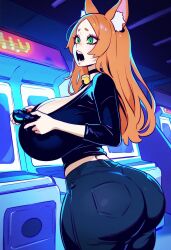 1girls ai_generated arcade arcade_machine arcadiasofka ass bell_collar breasts busty cat_ears catgirl choker cleavage clothed dat_ass eyelashes eyeshadow female female_focus female_only game_controller ginger ginger_hair green_eyes indoors inner_ear_fluff jeans light-skinned_female light_skin long_hair open_mouth orange_hair pink_eyeshadow short_eyebrows solo standing thick_ass