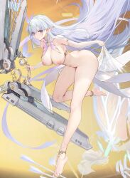 absurdres albion_(azur_lane) azur_lane blue_eyes female full_body highres long_hair mofumochii nipples no_bra no_panties no_shirt no_shoes no_undershirt non-web_source nude pointy_ears simple_background white_hair