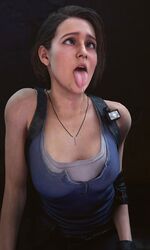 1girls 3d ahe_gao blue_eyes blush breasts brown_hair female female_only flashlight jill_valentine jill_valentine_(sasha_zotova) mole open_mouth pendant resident_evil resident_evil_3 resident_evil_3_remake rolling_eyes saliva saliva_drip saliva_trail shirt short_hair shoulders solo tongue tongue_out waifu2x