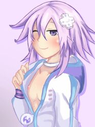 1girls blush d-pad_hair_ornament flashing flat_chest hoodie neptune_(neptunia) neptunia_(series) nipple_slip one_eye_closed purple_eyes purple_hair smile