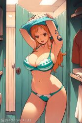 1girls ai_generated bare_arms bare_legs bare_shoulders bare_thighs big_breasts bikini bikini_bottom bikini_top changing_room clothed clothing color female female_focus female_only hi_res large_breasts light-skinned_female light_skin long_hair nami nami_(one_piece) one_piece orange_eyes orange_hair post-timeskip senotakai_ai shounen_jump solo solo_female tagme thick_thighs undressing