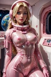 ai_generated astronaut barbie_(franchise) blonde_hair blue_eyes bodysuit breasts_out console female female_only futuristic helpful_science latex light-skinned_female planet realistic shiny_clothes space space_capsule spacecraft spaceship spaceship_interior spacesuit transparent_clothing