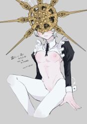 absurdres black_ribbon bottomless closed_mouth cuntboy dark_souls dark_sun_gwyndolin expressionless fromsoftware gold_headwear grey_background highres juliet_sleeves long_sleeves navel neck_ribbon puffy_sleeves pussy ribbon rule_63 simple_background solo spiked_helmet translation_request zunkome