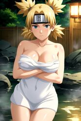 1girls ai_generated arms_crossed_under_breasts arms_under_breasts bare_chest bare_legs bare_shoulders bare_thighs bathhouse big_breasts blonde_hair blush cleavage collarbone crossed_arms embarrassed female female_only headband hot_spring huge_breasts large_breasts legs_together light-skinned_female light_skin looking_at_viewer nai_diffusion naked_towel naruto naruto_(series) naruto_shippuden onsen oppai ponytail quad_tails rindo shiny shiny_hair shiny_skin sitting stable_diffusion sunagakure_symbol teal_eyes temari thick_thighs thighs tied_hair towel towel_only tsundere upper_body voluptuous wet wet_body wet_skin