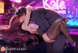 1boy 1girls ai_generated blurry_background codemistake fate_(series) female glowing high_heels hug kissing male missionary missionary_position motion_blur nail_polish neon on_back passionate patreon patreon_logo patreon_username platform_heels revealing_clothes scathach_(fate) sex stockings	 table