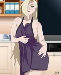 1girls agung911 alternate_breast_size apron bare_shoulders big_breasts blonde_hair blue_eyes breasts cleavage eyelashes female female_only hair_over_one_eye huge_breasts human ino_yamanaka lipstick long_hair looking_at_viewer naked_apron naruto naruto:_the_last pink_lipstick sideboob solo standing text watermark wide_hips