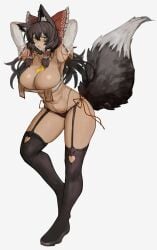 animal_ear_fluff animal_ears armpits arms_behind_head ascot black_hair black_panties black_thighhighs blush bow breasts clothing_cutout contrapposto detached_sleeves female fox_ears fox_girl full_body garter_straps grey_background hair_tubes hairbow hakurei_reimu heart_cutout highres large_breasts long_hair looking_at_viewer ofuda panties red_bow reimu_hakurei sidelocks simple_background solo thighhighs tomatolover16 touhou underwear white_background yellow_ascot