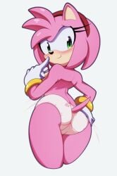 1girls amy_rose blush blush euf-dreamer female female_focus female_only fur furry furry_only gloves green_eyes looking_back panties panties_only pink_fur simple_background smile smiling sonic_(series) standing topless underwear underwear_only