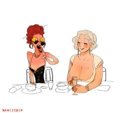 2girls aziraphale beauty_mark breasts_out colored_sketch crowley earrings genderswap_(mtf) good_omens large_breasts naniiebimworks nipple_slip red_hair rule_63 slit_pupils sunglasses white_hair wine yuri