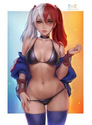 1girls alternate_hairstyle alternate_version_available bikini bra breasts burn_scar choker cleavage color digital_media_(artwork) female female_only female_todoroki genderswap genderswap_(mtf) heterochromia kittew large_breasts light-skinned_female light_skin looking_at_viewer my_hero_academia nails navel panties panty_pull pigtails pink_nails red_hair redhead rule_63 scar shouto_todoroki silver_hair smile solo thighhighs twintails two-tone_hair