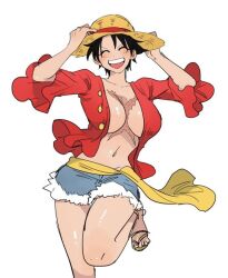 1girls arms_up big_breasts black_hair blush breasts chest_scar cleavage clothed clothes clothing color colored covered_nipples cute female female_focus female_only full_body fully_clothed genderswap_(mtf) hand_on_hat happy highres jean_shorts large_breasts leg_up luffyko mairimashita66 monkey_d_luffy navel no_bra one_piece open_mouth open_shirt plain_background post-timeskip red_shirt rule_63 sandals sash scar scar_on_face shoes short_hair short_shorts shounen_jump simple_background smiling solo solo_female solo_focus standing straw_hat white_background x_scar yellow_sash