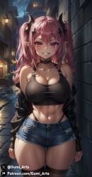 ai_generated alternate_body_type alternate_breast_size blush choker cleavage covered_nipples denim_shorts grin gumi_arts krul_tepes large_breasts leather_jacket looking_at_viewer night outdoors owari_no_seraph pink_hair pointy_ears red_eyes seraph_of_the_end stable_diffusion street tank_top thick_thighs tight_clothing wide_hips