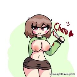 1girls 2d blood bloody_knife brown_hair brown_pants chara female female_only human moonlightdrawinguwu shirt_up short_hair smile solo tagme undertale undertale_(series)