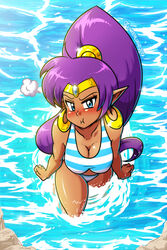 1girls bikini blush breasts cleavage cute dark-skinned_female dark_skin female highres hoop_earrings linkerlewds long_hair ponytail pout purple_hair shantae shantae_(character) smooth_skin solo swimsuit tagme thighs wayforward