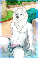 abs athletic balls big_(disambiguation) blue_eyes canid canine canis clothed clothing felid feline fur grin hybrid liolf lion lion_tail lucky_the_liolf male male_only mammal mane pantherine paws penis smile solo sonna topless underwear white_fur wolf