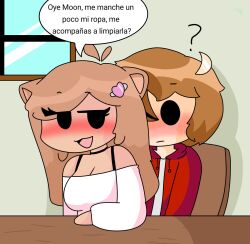 blush brown_hair comic female flirting moon_(moonlightdrawinguwu) moonlightdrawinguwu original original_character sitting_on_lap spanish_text