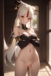 1girls ai_generated blush breasts female genshin_impact grin hair_ornament handbra hoyoverse kirill782 long_hair looking_at_viewer medium_breasts navel ningguang_(genshin_impact) peeing pussy solo stable_diffusion standing white_hair