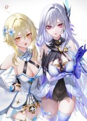 2girls blonde_hair cleavage cleavage_cutout cleavage_overflow dress female female_focus female_only genshin_impact hair hair_ornament hand_on_hip large_breasts light-skinned_female light_skin long_hair looking_at_viewer lumine_(genshin_impact) multiple_girls pottsness purple_eyes short_dress short_hair skirk_(genshin_impact) tagme thick_thighs thighhighs thighs unsatisfied white_hair yellow_eyes