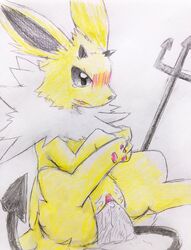 1boy 1girls black_eyes black_nose blush chest_tuft clothing colored_pencil_(artwork) costume cum cum_in_pussy cum_inside disembodied_penis duo eeveelution eiroru feet female feral fur furry hi_res horn human interspecies jolteon male male_penetrating male_pov melee_weapon nintendo nude open_mouth pawpads paws penetration penis pink_pawpads pitchfork pokémon_(species) pokemon pokemon_(species) pokemon_rgby polearm pov pussy pussy_juice sex simple_background sketch snout solo_focus spread_legs spreading straight tears thick_thighs traditional_media_(artwork) trident tuft uncensored vaginal_penetration video_games weapon white_fur wide_hips yellow_fur