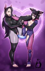 2girls artist_name avernalascent black_hair bodysuit capcom clothing crossover dildo double_dildo eye_patch female female_only hair hair_over_one_eye heart horn insertion juri_han king_of_fighters luong_(kof) masturbation multiple_girls penetration pink_eyes pink_toenails pussy pussy_juice red_toenails snk standing street_fighter street_fighter_v vaginal_insertion vaginal_masturbation vaginal_penetration video_games watermark wet_pussy