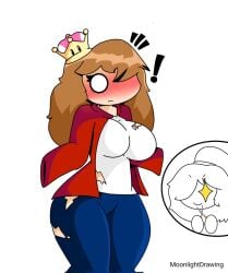 ! brown_hair fully_clothed genderswap_(mtf) luna_(moonlightdrawinguwu) may_(moonlightdrawinguwu) moon_(moonlightdrawinguwu) moonlightdrawinguwu ripped_clothing rule_63 scissors super_crown surprised