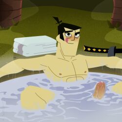 1boy bathing black_hair blush erect_penis erection harzu licking_lips male_focus male_only masculine nude penis presenting samurai samurai_jack samurai_jack_(character) sitting solo sword veiny_penis wet