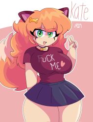 big_breasts fox_ears fox_tail fuck-me_shirt fuck_me_(text) fully_clothed green_eyes kate_(moonlightdrawinguwu) moonlightdrawinguwu orange_hair original original_character short_skirt