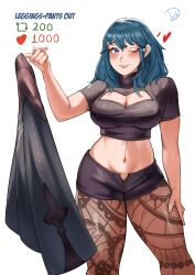 1girls absurdres black_shirt black_shorts blue_eyes blue_hair blush breasts byleth_(female)_(fire_emblem) byleth_(fire_emblem) byleth_(fire_emblem)_(female) cleavage cleavage_cutout clothing_cutout commentary crop_top deliciousbra deliciousbrain feet_out_of_frame female female_only fire_emblem fire_emblem:_three_houses grin hand_up highres large_breasts leggings long_hair looking_at_viewer meme midriff navel nintendo one_eye_closed pantyhose pantyhose_under_shorts shirt short_shorts short_sleeves shorts simple_background smile solo standing stomach teal_hair twitter_strip_game_(meme) white_background