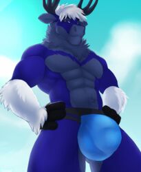 anthro antlers bulge capreoline cervid clothing fur hair hi_res horn jockstrap looking_at_viewer male male_only mammal muscular muscular_male penis_outline reindeer seibear solo standing underwear