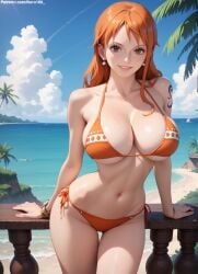 1girls 2d ai_generated ass athletic athletic_female bare_shoulders beach belly big_ass big_breasts bikini bikini_bottom bikini_top curvy curvy_figure cute cute_face detailed eyelashes eyeshadow female female_only fit fit_female focus ginger ginger_hair high_quality huge_breasts large_breasts leaning_forward legs light-skinned_female light_skin lips lipstick long_hair looking_at_viewer makeup mascara mature midriff nami nami_(one_piece) nero100 ocean one_piece orange_eyes orange_hair outdoors outside pale-skinned_female pale_skin posing post-timeskip public sagging_breasts seaside seductive seductive_look stable_diffusion thick_ass thick_butt thick_thighs thighs wide_hips