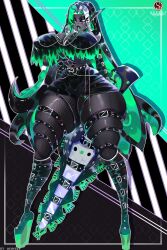 1girls 2024 2d 2d_(artwork) belt big_breasts black_hair boots breasts chains child_bearing_hips cleavage crop_top dress female female_focus female_only fishnets goth green_hair grey_body hi_res high_heels highres hips huge_thighs large_breasts looking_at_viewer multicolored_hair octopus_girl ohweep original original_character platform_heels pointy_ears ripped_clothing simple_background skimpy skimpy_clothes skindentation slim_waist solo solo_female solo_focus spiked_belt tentacle_hair two-tone_hair white_eyes wide_hips