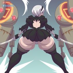 1girls ass big_ass big_breasts blindfold bottom_heavy breasts fat_thighs female female_only hairband huge_ass ineffective_clothing light-skinned_female light_skin nier nier:_automata othoxon rear_view short_hair short_skirt skirt solo thick_thighs thighhighs white_hair yorha_2b