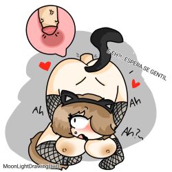 alternate_version_available arm_stockings cat_ears cat_tail female from_behind may_(moonlightdrawinguwu) moonlightdrawinguwu spanish_text stockings surprised