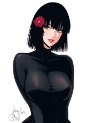 1girls big_breasts black_hair clothed clothing color female female_focus female_only fubuki_(one-punch_man) green_eyes hi_res large_breasts light-skinned_female light_skin lipstick looking_at_viewer mostlybluewyatt one-punch_man red_lipstick short_hair solo solo_female tagme thick_thighs