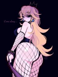 blonde_hair blonde_hair blonde_hair_female blue_eyes clothed clothed_female crown earrings fat_ass fishnets goth goth_girl leash mario_(series) megrocks princess princess_peach royal royalty