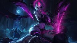 breast_expansion demon demon_girl evelynn finger_to_mouth huge_breasts league_of_legends official_artwork_edit revealing_clothes riot_games sitting_on_person slutty_outfit smoke straddling succubus sutton184_edits thick_thighs third-party_edit white_hair wide_hips yellow_eyes