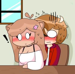 ! blush embarrassed moon_(moonlightdrawinguwu) moonlightdrawinguwu original original_character sitting_on_lap surprised table