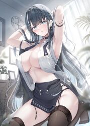 armpits arms_behind_head black_hair center_opening choker garter_belt garter_straps hairclip huge_breasts kneeling kneesocks living_room looking_to_the_side original original_character plant posing potted_plant sleeveless_sweater sunlight sunlight_rays thick_thighs thighhighs wide_hips worried_expression