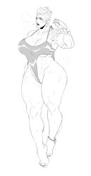 2d blizzard_entertainment breasts busty cleavage curvy earrings female large_breasts muscles muscular_female orangekissess overwatch scar solo sweat swimsuit tattoo thick_thighs zarya