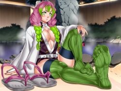 1girls big_breasts braid breasts cleavage demon_slayer feet female female_only foot_fetish foot_focus footprint_on_sandals green_eyes green_hair green_socks green_thighhighs hot_spring jonathanbn kanroji_mitsuri kimetsu_no_yaiba large_breasts long_hair multicolored_hair naranjou no_shoes pink_hair sandals shoes_removed sitting socks soles solo steam sweat_stain thighhighs thighs twin_braids two_tone_hair