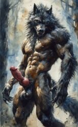 adam360 ai_generated anthro balls canid canine canis erection furry hybrid_penis knot knotted_humanoid_penis male male_only penis werewolf wolf