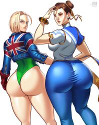 2girls alternate_version_available armwear ass ass_focus back back_view backboob big_ass blonde_hair blue_eyes blue_pants bottomwear bracelet breasts brown_hair bubble_ass bubble_butt cammy_white capcom chinese_clothes chun-li clothing dat_ass double_bun ear_piercing earrings female female_only green_leotard hair huge_ass jacket jerkdibuja large_ass leotard lips no_text no_text_version pants street_fighter street_fighter_6 thighs union_jack white_background