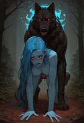 ai_generated anatomically_correct balls big_breasts black_fur blue_eyes blue_fur blue_hair blue_skin canine canine_penis doggy_style female feral game_cg knot penis sex sheath solo starflint_descent threadweaver wolf zoophilia