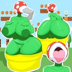 blind deaf_girf drool_on_breasts drooling full_lips green_breasts green_nipples huge_brasts mario_(series) no_ears no_eyes piranha_plant plant_girf plant_monster tannicfer