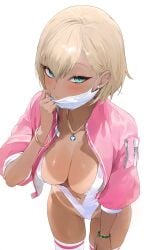 blonde_hair bracelet busty cleavage cropped_jacket dark-skinned_female dark_skin earrings facemask female female_focus female_only gyaru hourglass_figure indie_virtual_youtuber minko_xiv_(vtuber) navel navel_piercing necklace piercing previeww0 sleeves_rolled_up tan tan_body tan_skin tanline thighhighs virtual_youtuber wide_hips